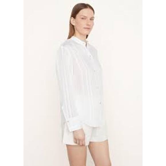 Vince Drapey Long Sleeve Stripe Band Collar Shirt Optic White V933612803-137O M - Picture 4 of 9